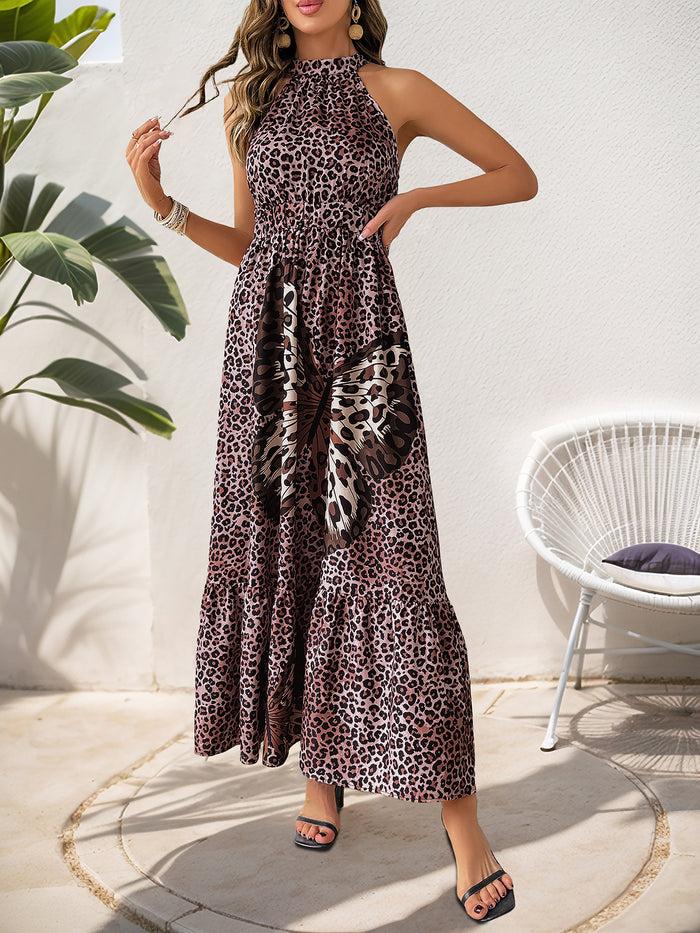 Allegra K Sleeveless Halter Neck Butterfly Leopard Print Dress
