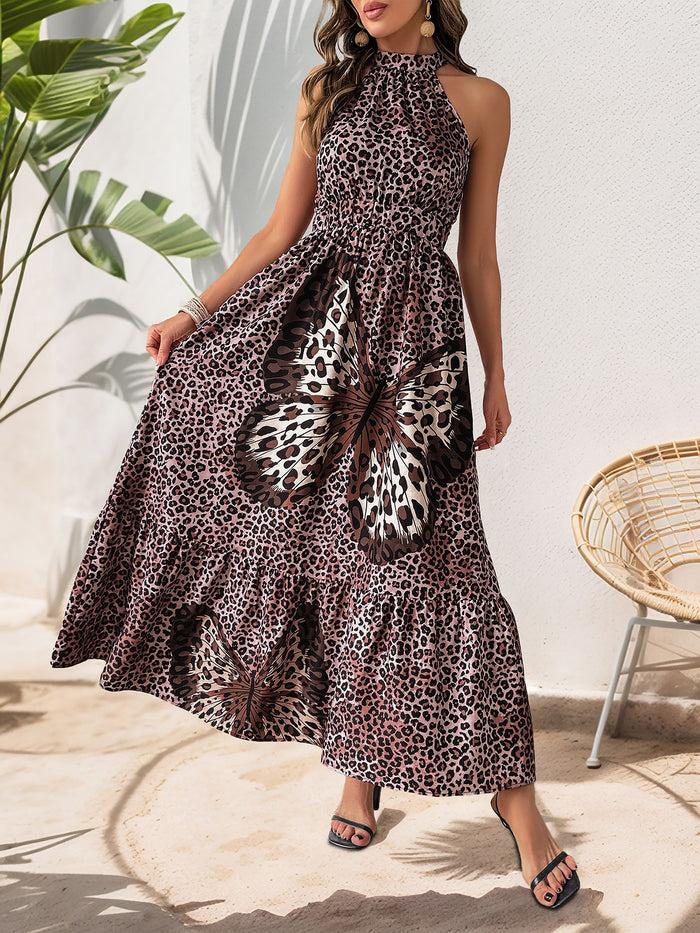 Allegra K Sleeveless Halter Neck Butterfly Leopard Print Dress