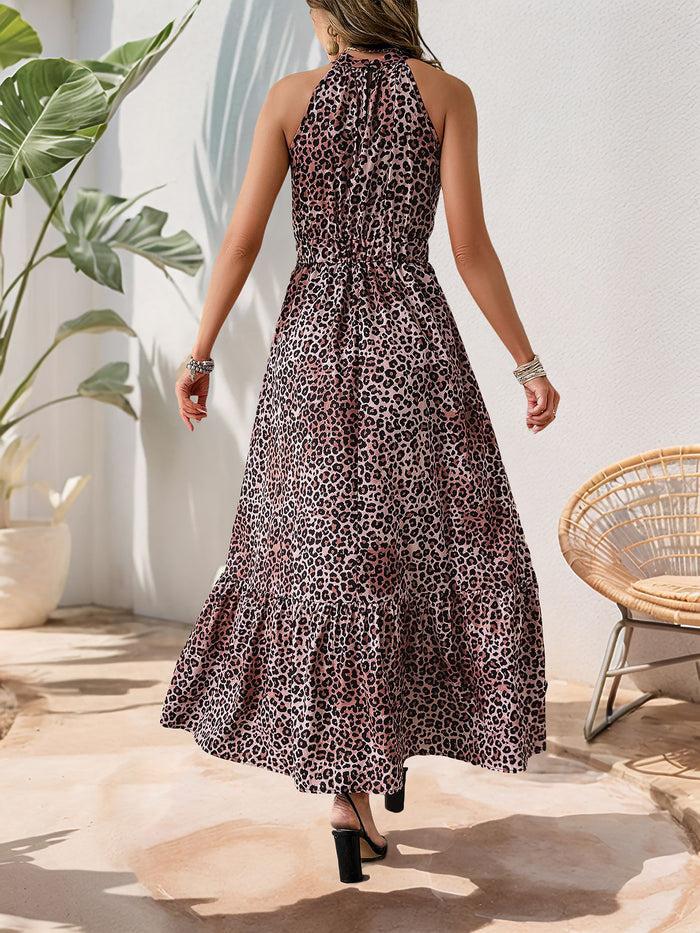 Allegra K Sleeveless Halter Neck Butterfly Leopard Print Dress