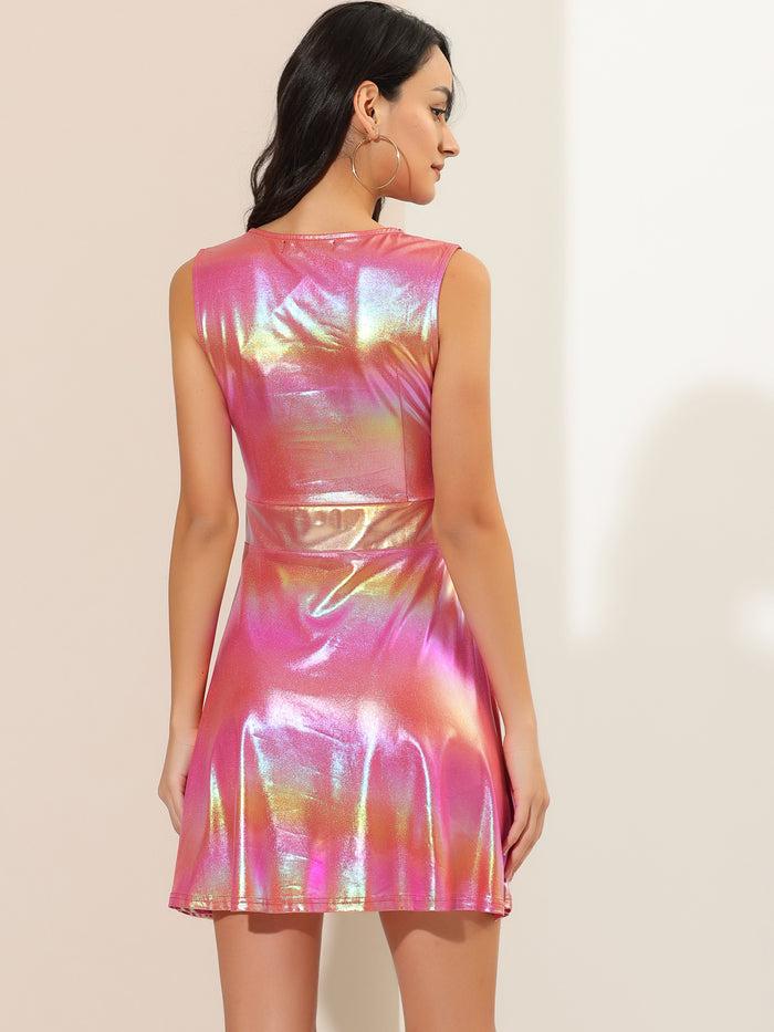 Allegra K Sleeveless Metallic A-Line Club Party Holographic Mini Dress