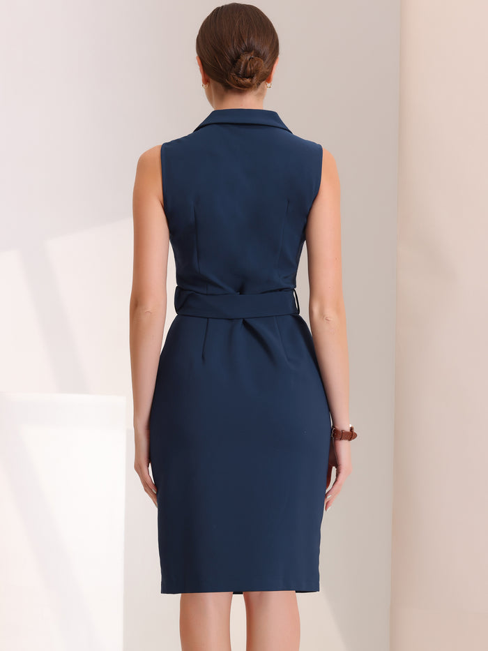 Allegra K Sleeveless Notched Lapel Double Breasted Belted Office Blazer Dress