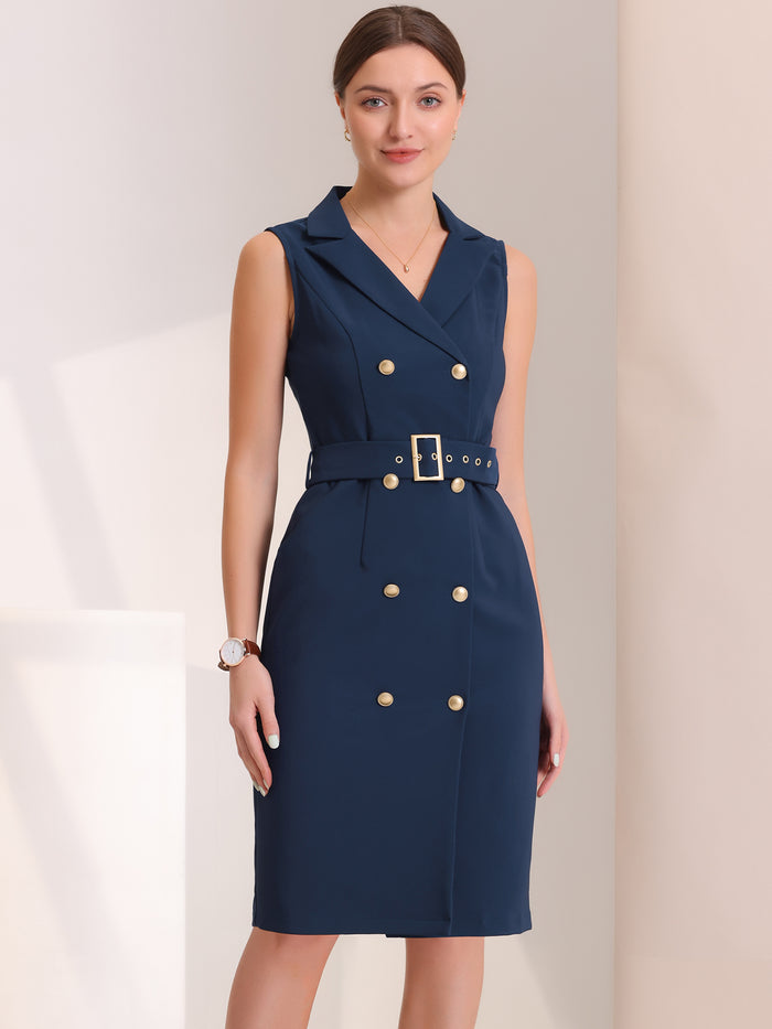 allegra k Sleeveless Notched Lapel Double Breasted Belted Office Blazer Dress