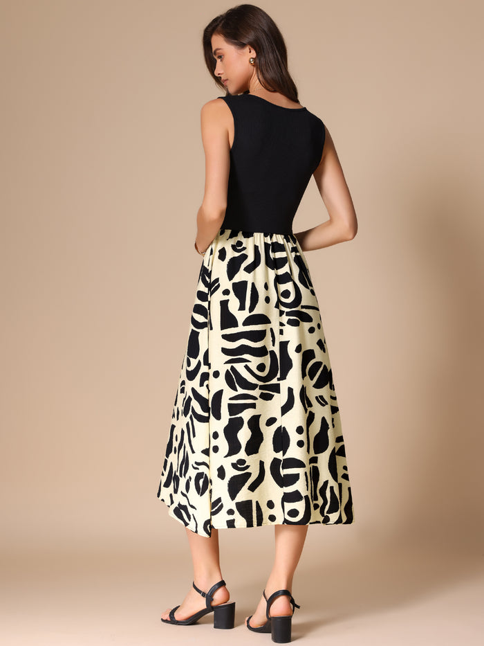 Allegra K Sleeveless Patchwork Graphic Pocketed Midi Dress