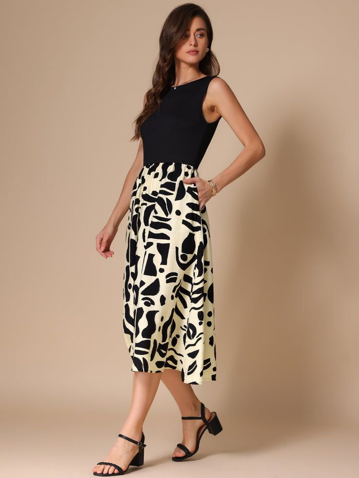 Allegra K Sleeveless Patchwork Graphic Pocketed Midi Dress