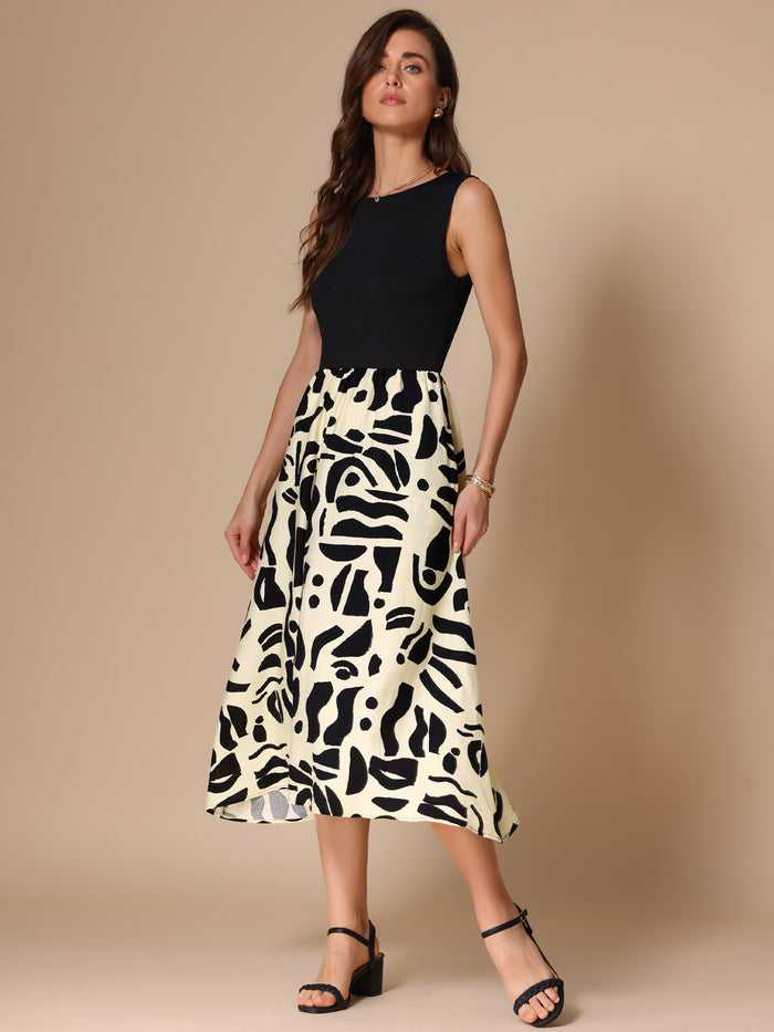 allegra k Sleeveless Patchwork Graphic Pocketed Midi Dress