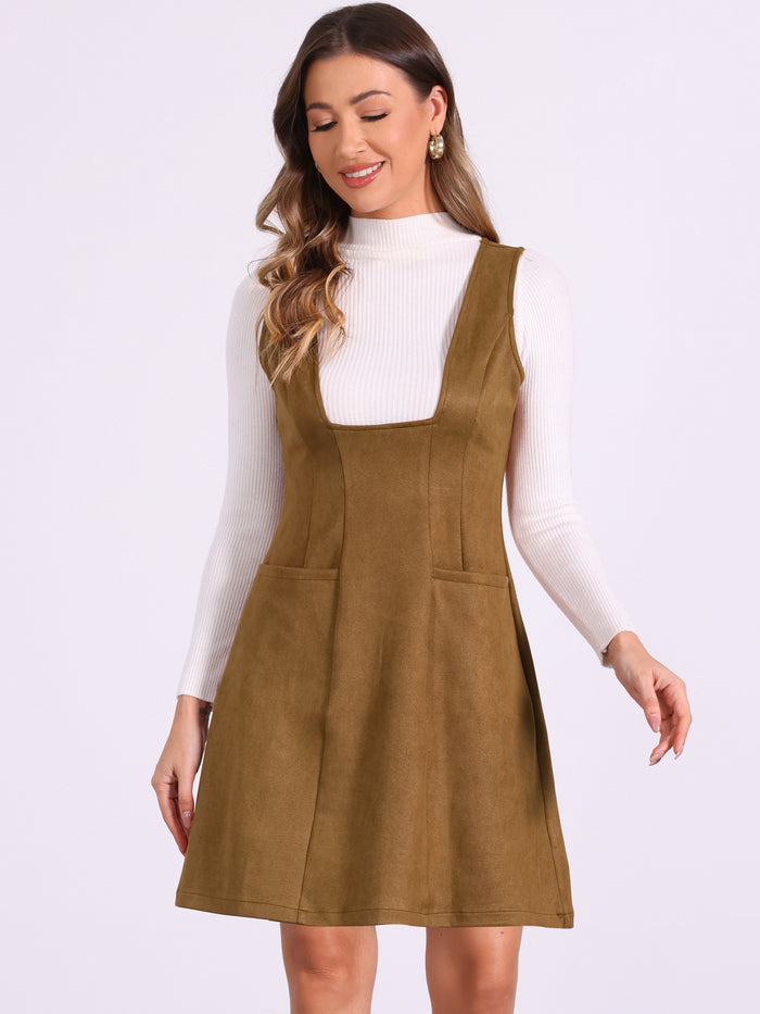Allegra K Sleeveless Pockets Faux Suede Pinafore Overall Dress