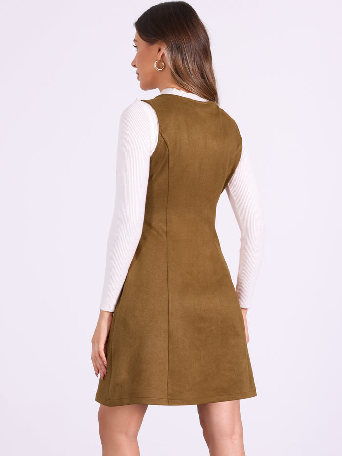 Allegra K Sleeveless Pockets Faux Suede Pinafore Overall Dress