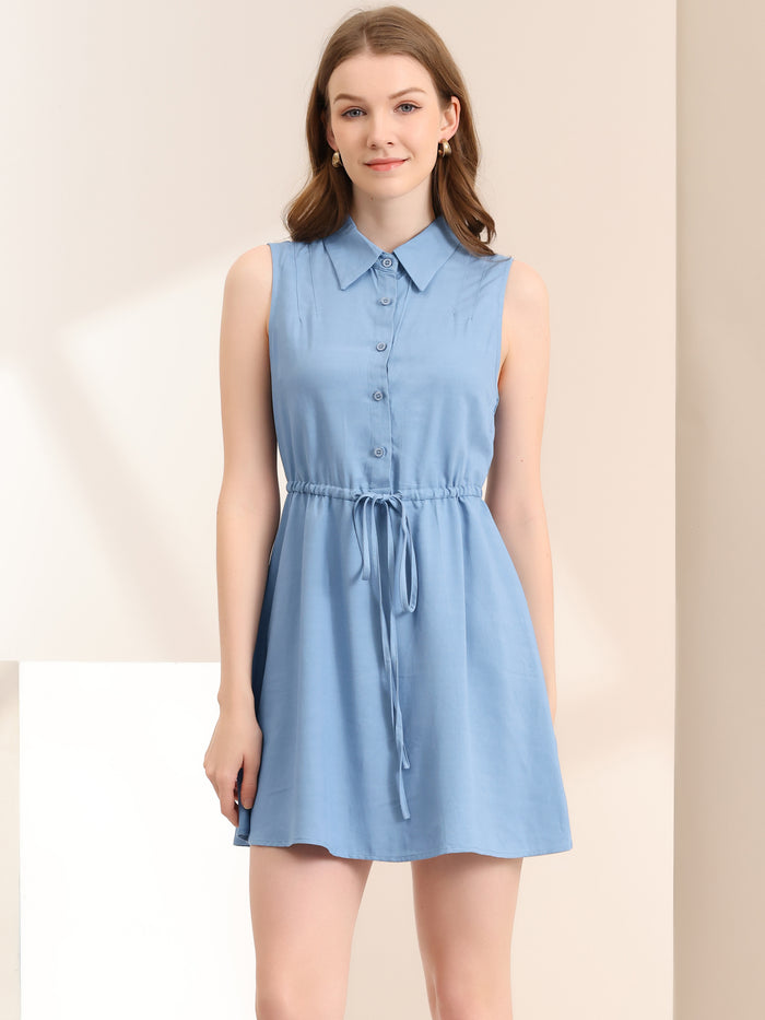 Allegra K Sleeveless Point Collar Drawstring Waist Button Down Shirt Dress