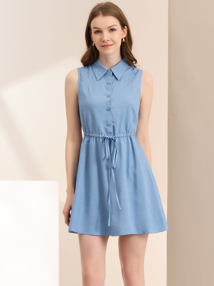 Allegra K Sleeveless Point Collar Drawstring Waist Button Down Shirt Dress