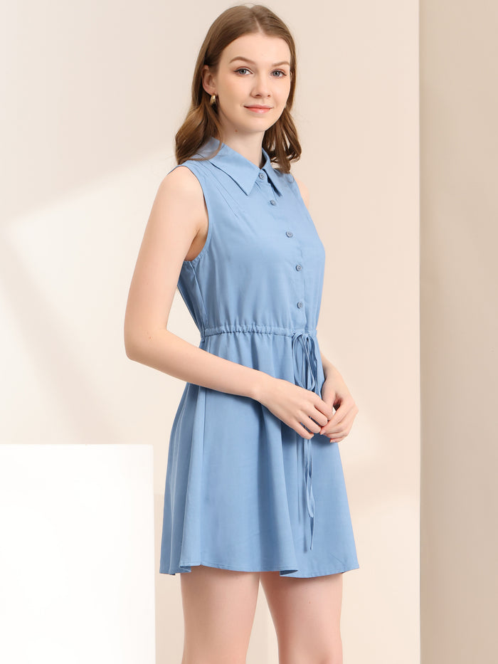allegra k Sleeveless Point Collar Drawstring Waist Button Down Shirt Dress