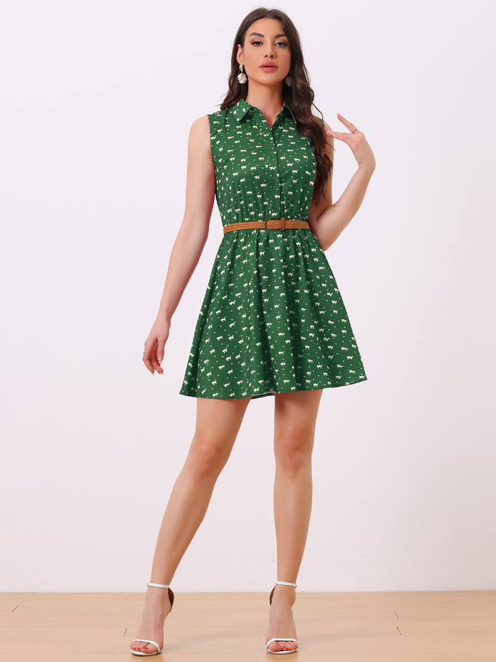 Allegra K Sleeveless Printed Half Placket Above Knee Belted Dress