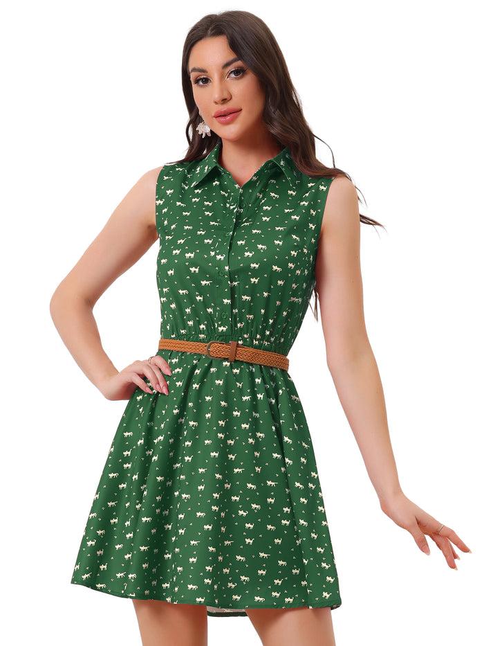 Allegra K Sleeveless Printed Half Placket Above Knee Belted Dress