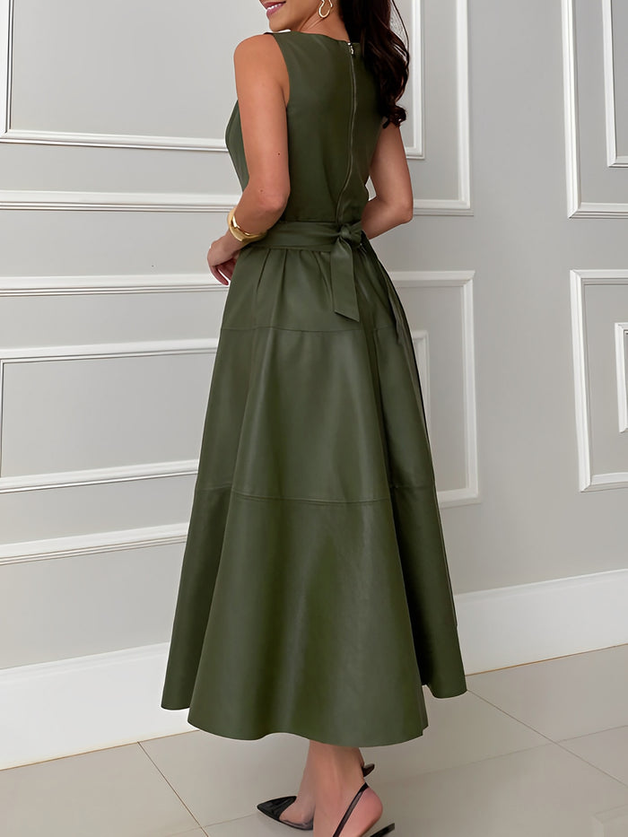 Allegra K Sleeveless PU Leather Tiered A-Line Midi Dress