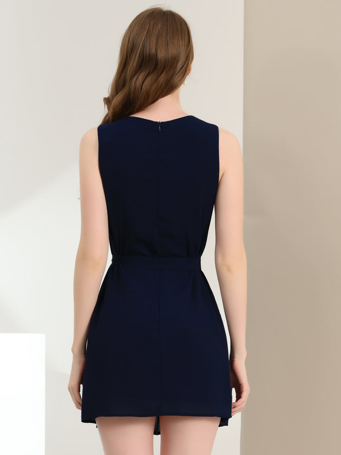 Allegra K Sleeveless Round Neck Pleated Belted Chiffon Summer Dress