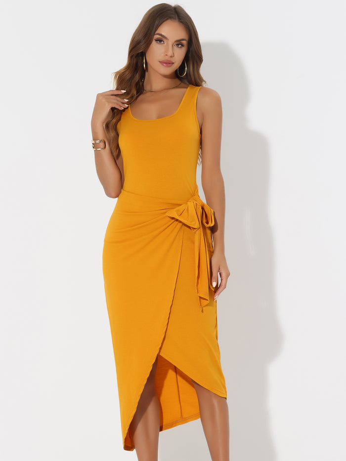 allegra k Sleeveless Scoop Neck Ruched Faux Wrap Tie Side Bodycon Midi Dress