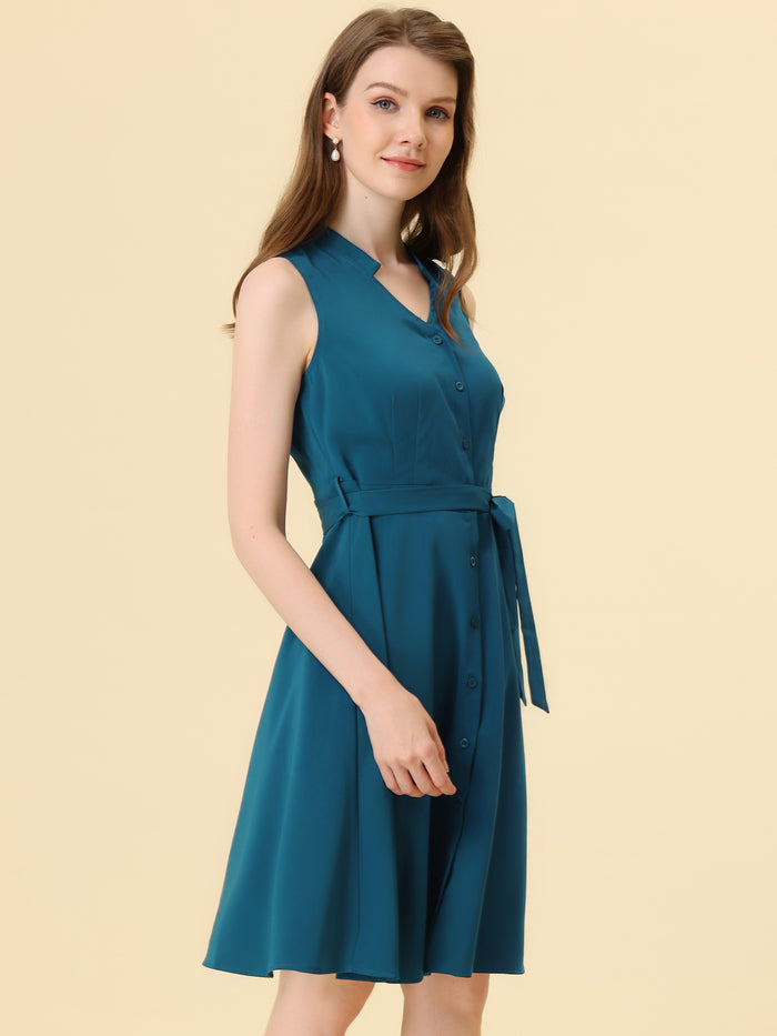 Allegra K Sleeveless Shirtdress With Belted V Neck Office Button Down Dress