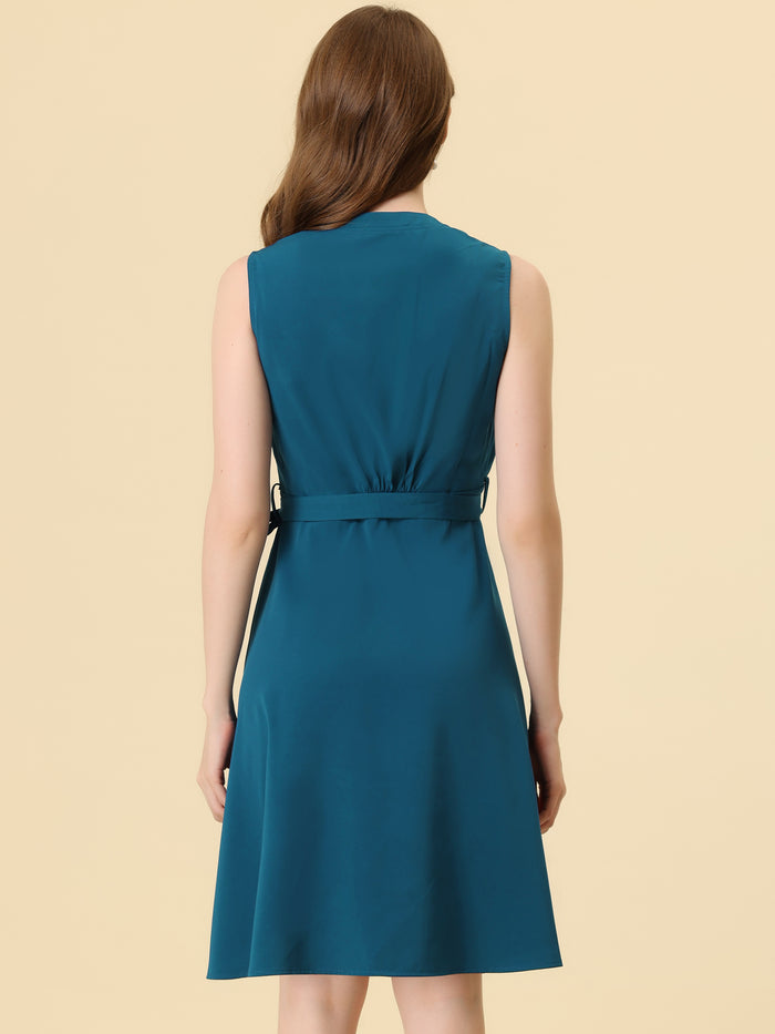 Allegra K Sleeveless Shirtdress With Belted V Neck Office Button Down Dress
