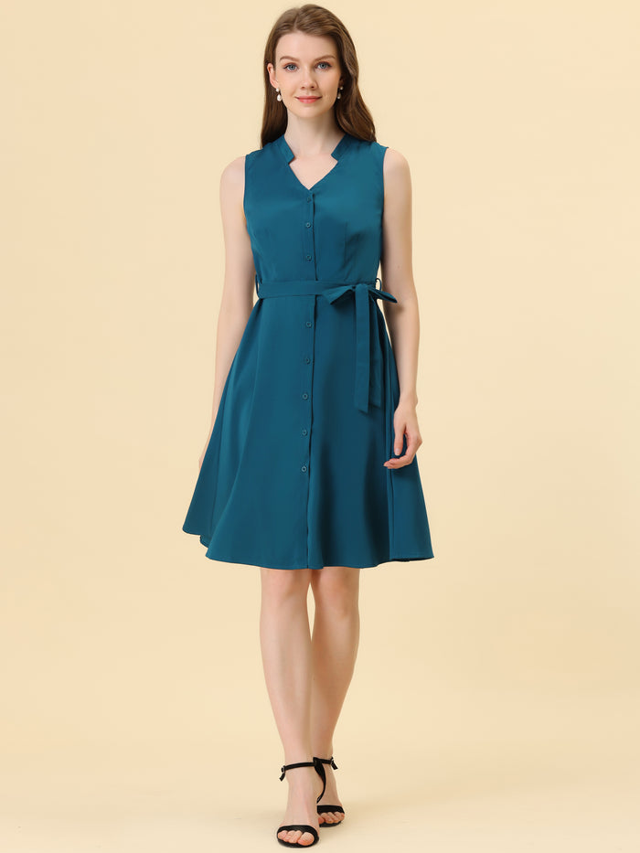 allegra k Sleeveless Shirtdress with Belted V Neck Office Button Down Dress