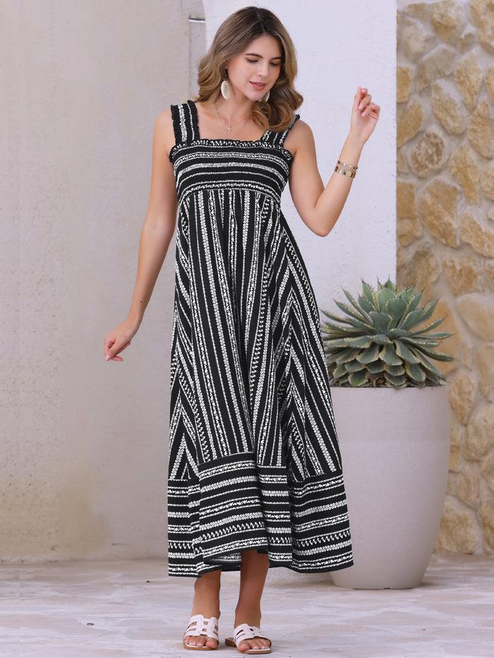 Allegra K Sleeveless Smocked Printed Vacation Boho Maxi Dress
