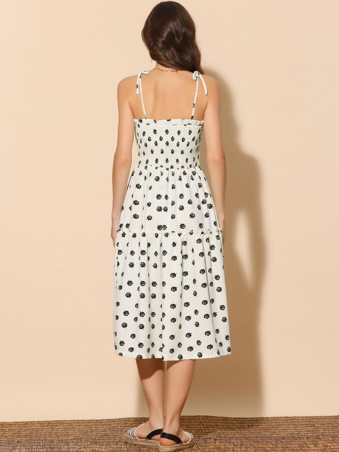 Allegra K Sleeveless Smocked Spaghetti Strap Tiered A-Line Dress