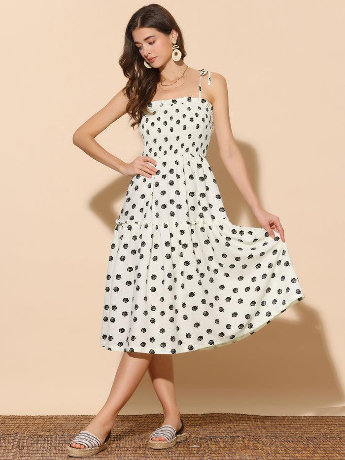 allegra k Sleeveless Smocked Spaghetti Strap Tiered A-Line Dress