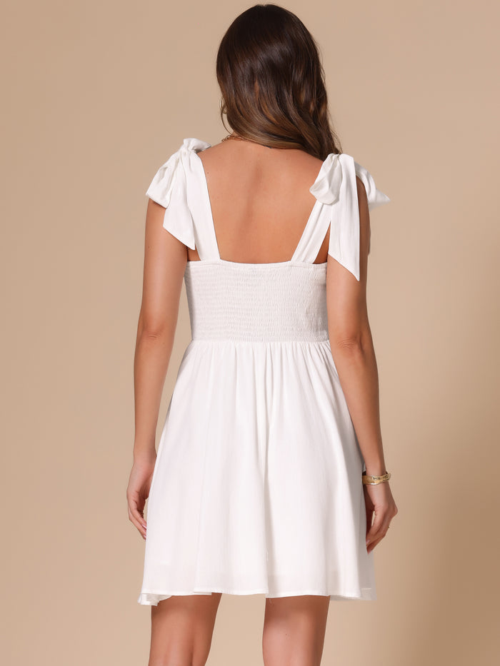 Allegra K Sleeveless Smocked Square Neck Lace-Up Dress