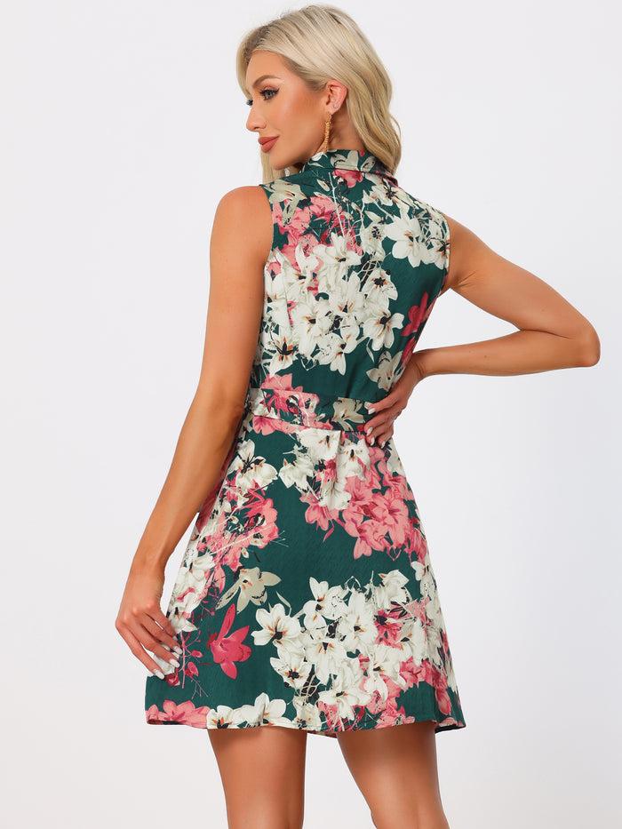 Allegra K Sleeveless Turndown Collar Button Down Floral Belted Mini Shirt Dress Sundress