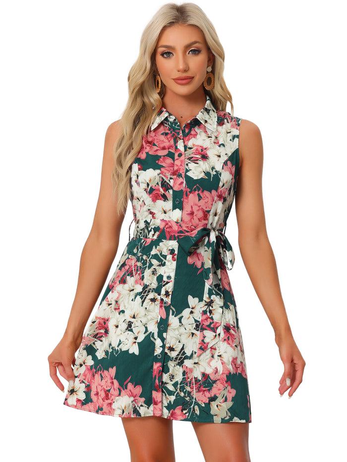 Allegra K Sleeveless Turndown Collar Button Down Floral Belted Mini Shirt Dress Sundress