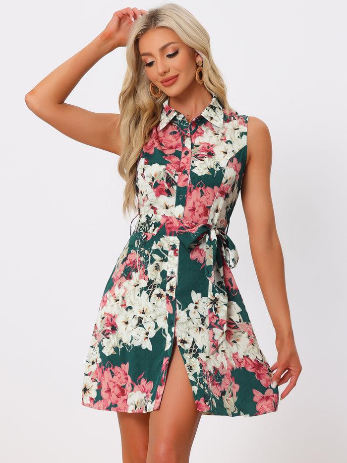 allegra k Sleeveless Turndown Collar Button Down Floral Belted Mini Shirt Dress Sundress