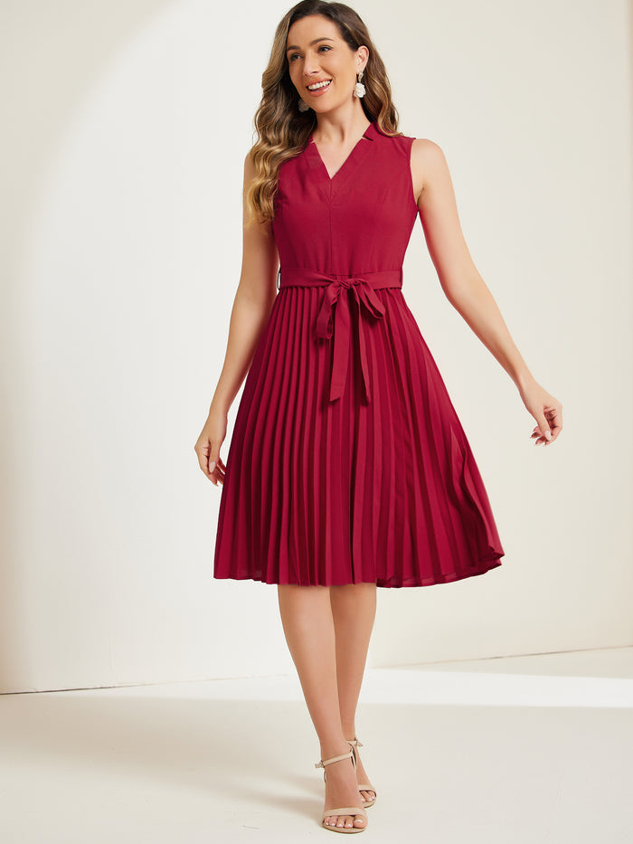Allegra K Sleeveless V Neck Belted A-line Midi Elegant Pleated Dress