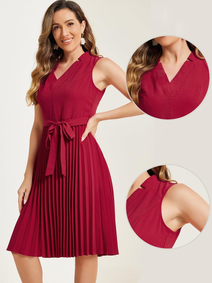 Allegra K Sleeveless V Neck Belted A-line Midi Elegant Pleated Dress