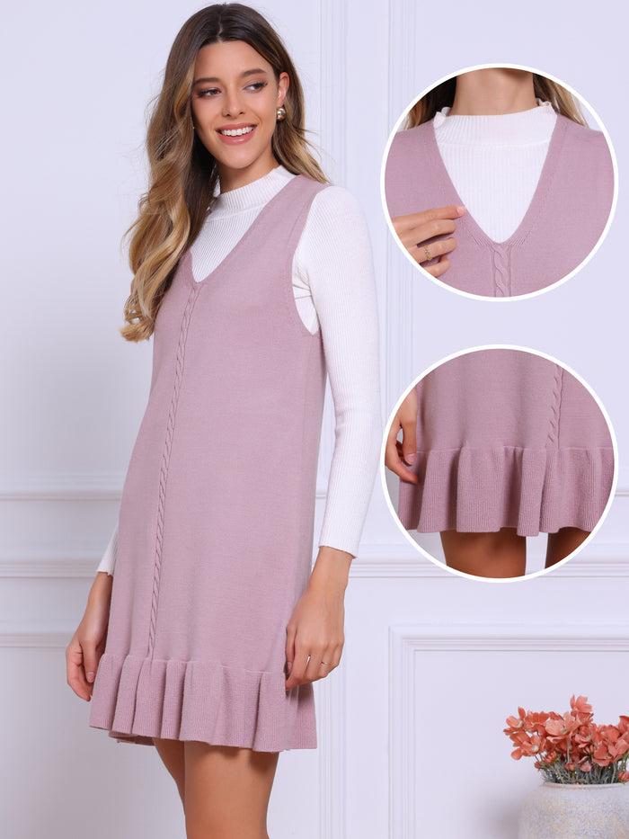 Allegra K Sleeveless V Neck Ruffle Hem Mini Sweater Dress
