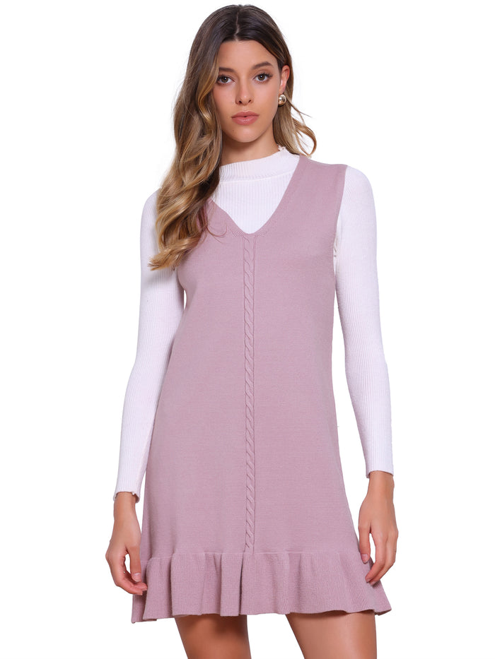 Allegra K Sleeveless V Neck Ruffle Hem Mini Sweater Dress