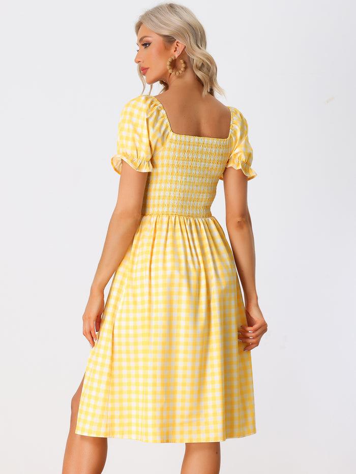 Allegra K Smocked Gingham Square Neck Puff Sleeve Plaid Slit Midi Dress