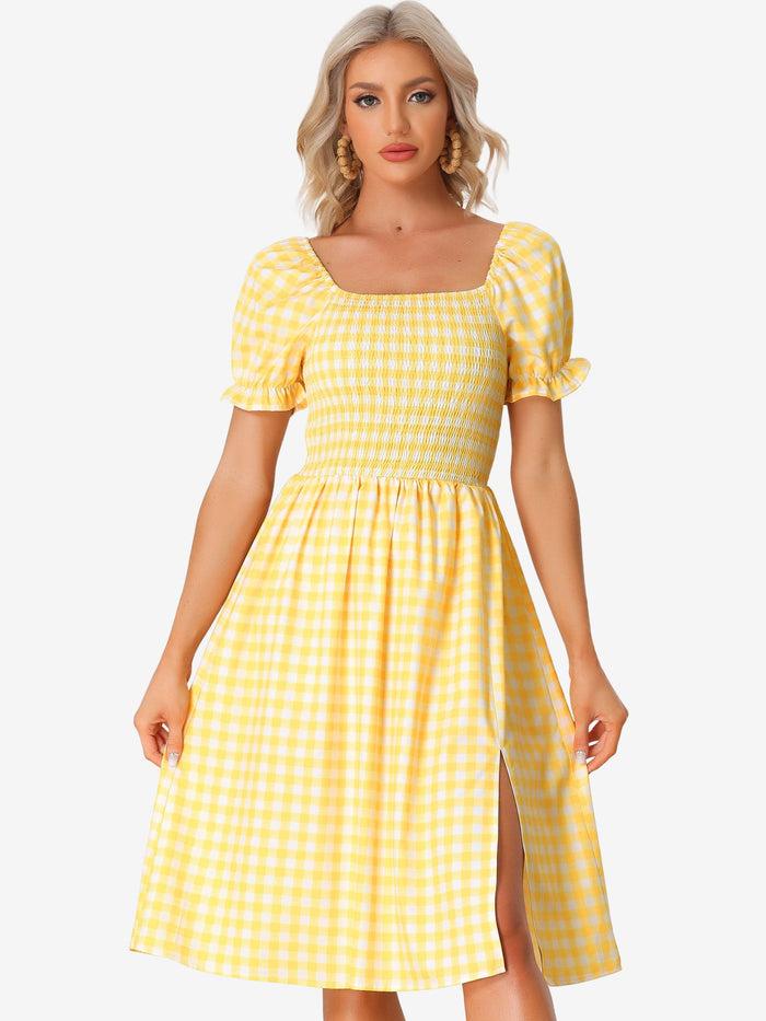 Allegra K Smocked Gingham Square Neck Puff Sleeve Plaid Slit Midi Dress