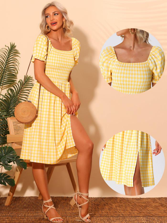 Allegra K Smocked Gingham Square Neck Puff Sleeve Plaid Slit Midi Dress