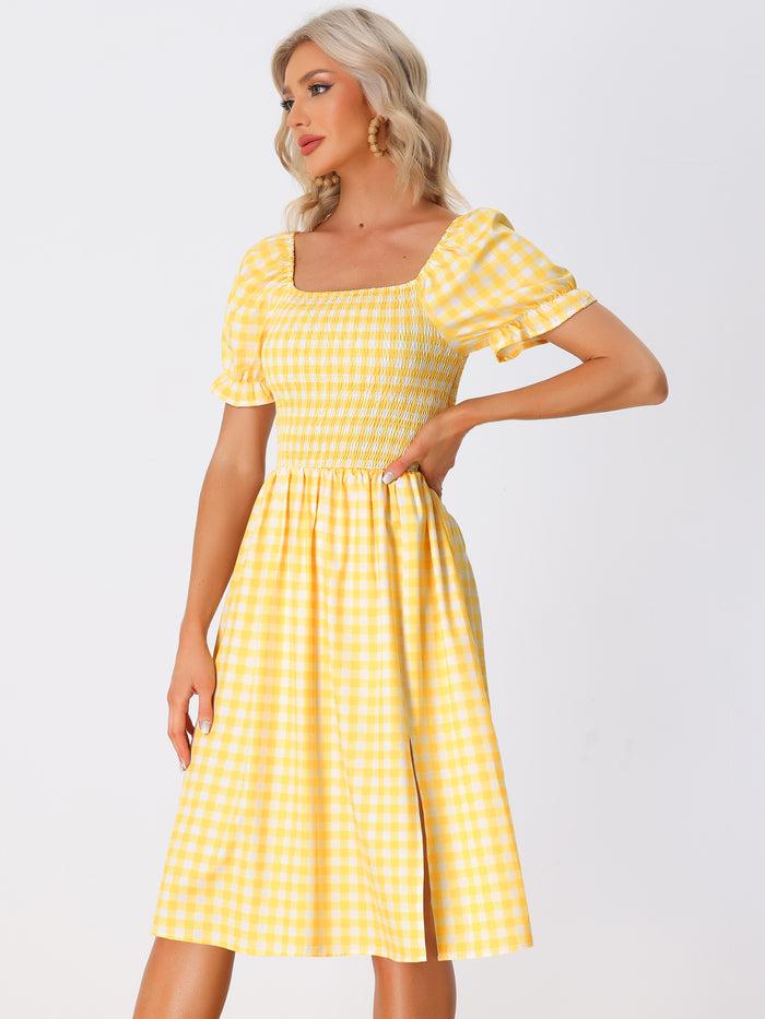 allegra k Smocked Gingham Square Neck Puff Sleeve Plaid Slit Midi Dress