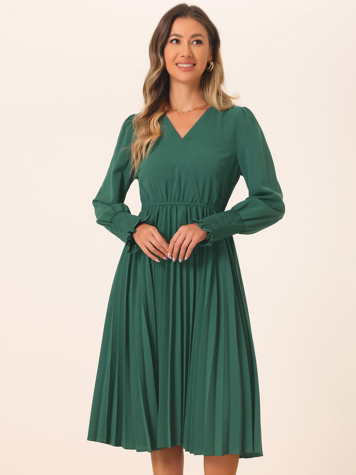 Allegra K Smocked Long Sleeve Flowy A-Line Midi Pleated Dress