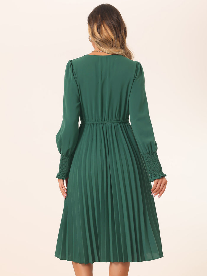 Allegra K Smocked Long Sleeve Flowy A-Line Midi Pleated Dress