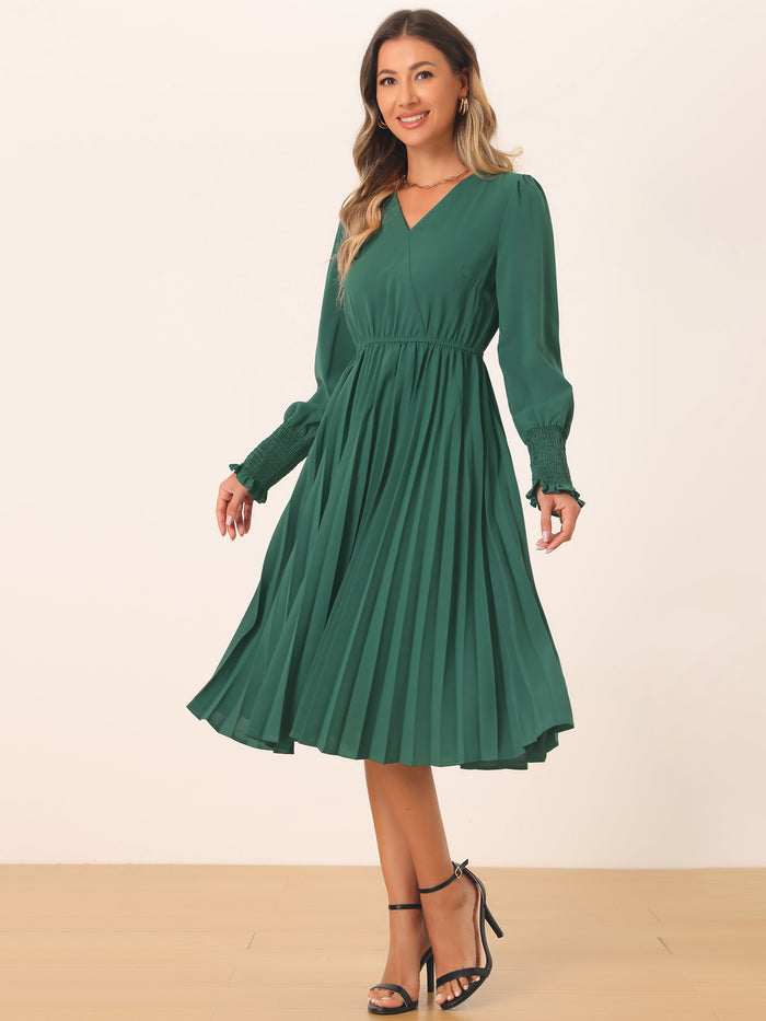 allegra k Smocked Long Sleeve Flowy A-Line Midi Pleated Dress