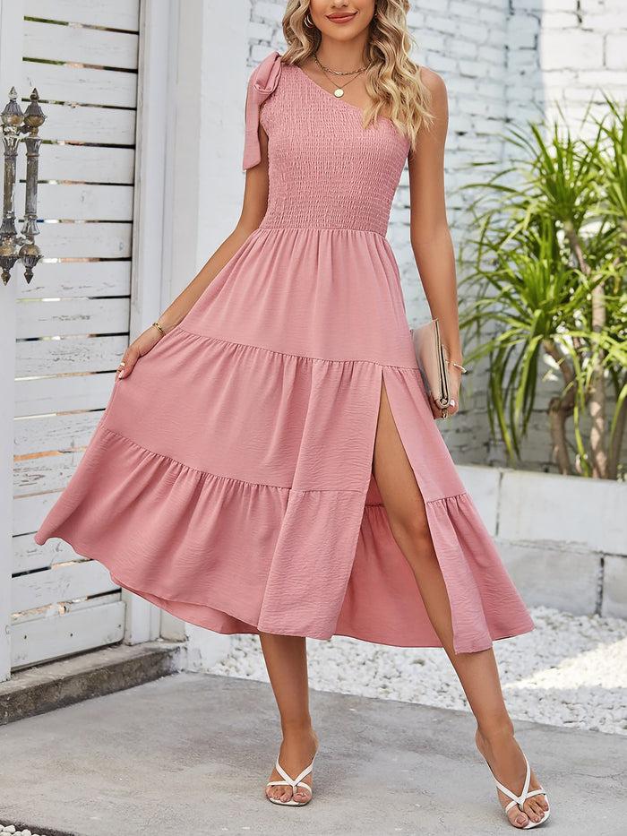 Allegra K Smocked One Shoulder Slit Sleeveless Tiered Dress