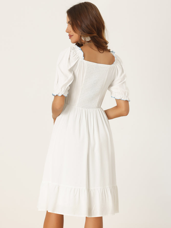 Allegra K Smocked Puff Short Sleeve Ruffle Shirred Summer Midi Dress