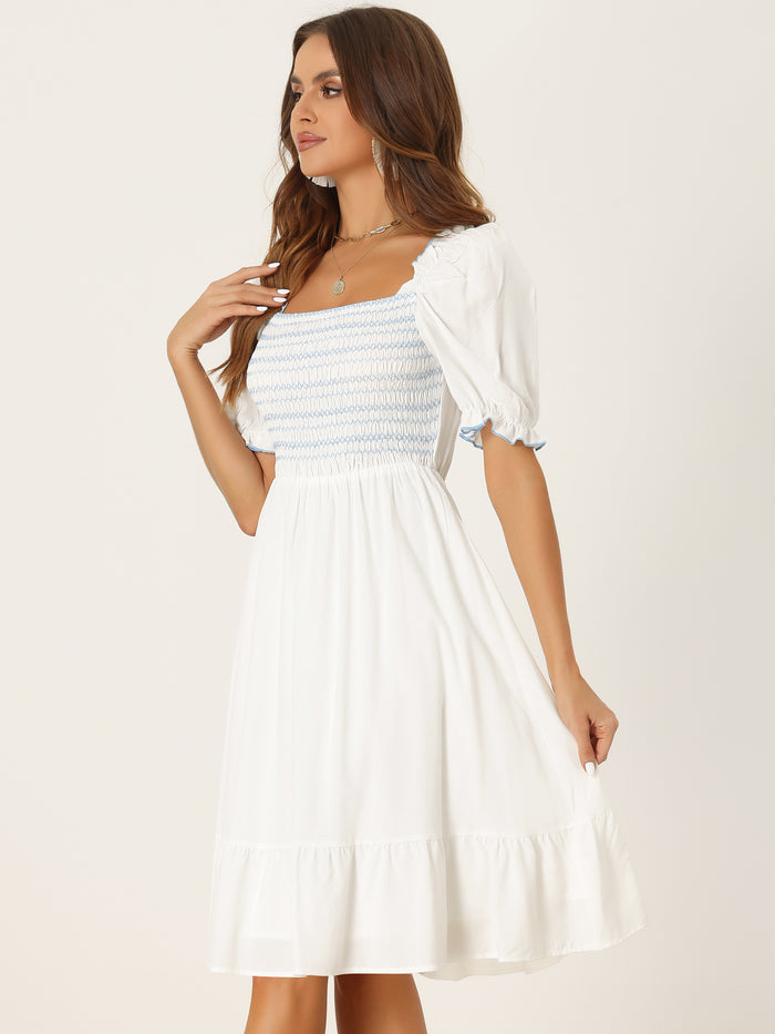 Allegra K Smocked Puff Short Sleeve Ruffle Shirred Summer Midi Dress