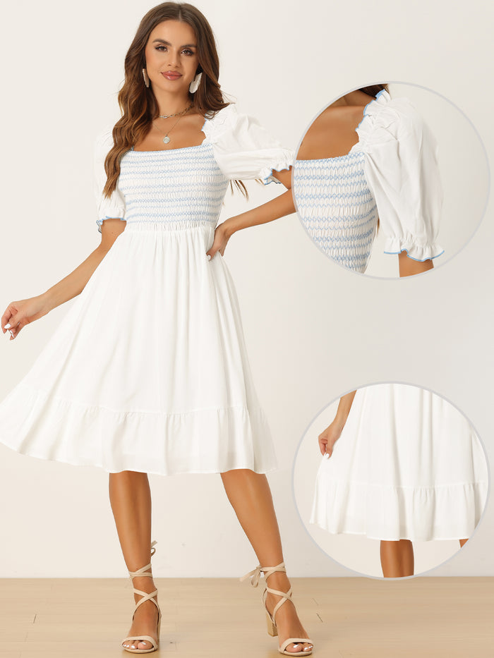 Allegra K Smocked Puff Short Sleeve Ruffle Shirred Summer Midi Dress