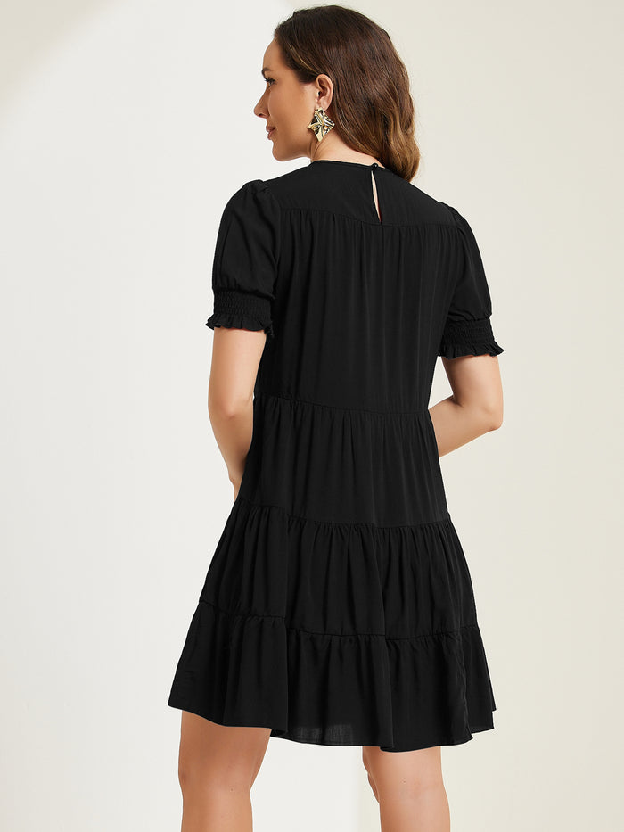 Allegra K Smocked Round Neck Short Puff Sleeve Tiered Dress