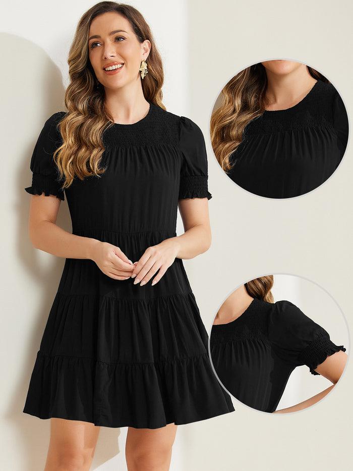 Allegra K Smocked Round Neck Short Puff Sleeve Tiered Dress