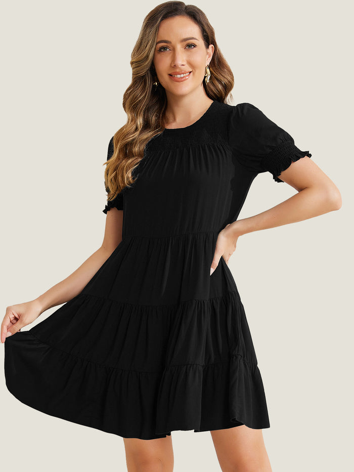 Allegra K Smocked Round Neck Short Puff Sleeve Tiered Dress