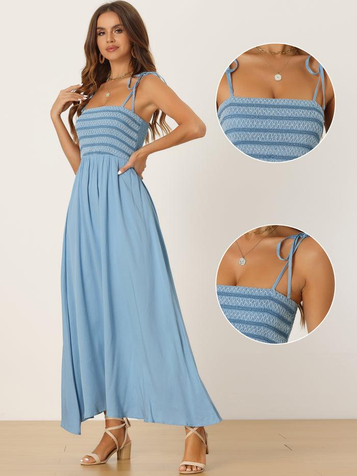Allegra K Smocked Shirred Square Neck Boho Spaghetti Strap Long Maxi Dress Sundress