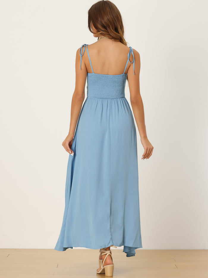Allegra K Smocked Shirred Square Neck Boho Spaghetti Strap Long Maxi Dress Sundress