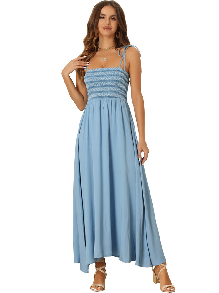 Allegra K Smocked Shirred Square Neck Boho Spaghetti Strap Long Maxi Dress Sundress